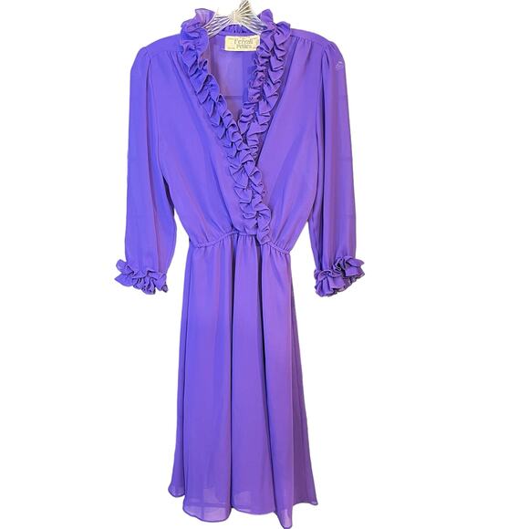 Vintage 70's Ferrali Petites Rafael Matz 3/4 Ruffle Sleeve Casuall Dress Purple - Picture 1 of 8